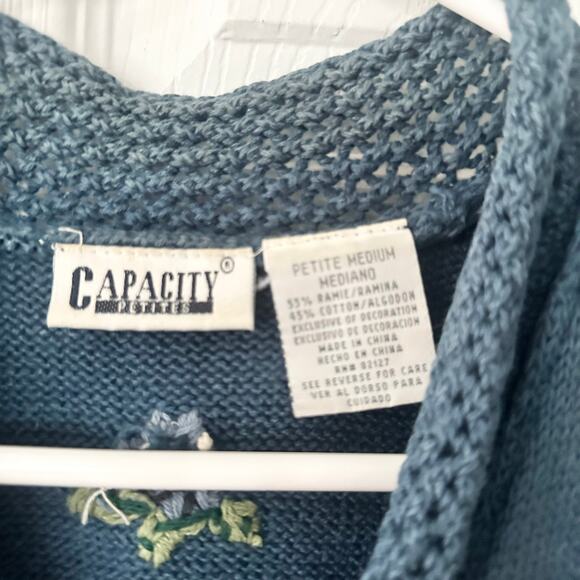 Capacity Petites Vintage 90s Blue Floral Pointelle Knit Button Vest Sweater MP - Picture 7 of 10
